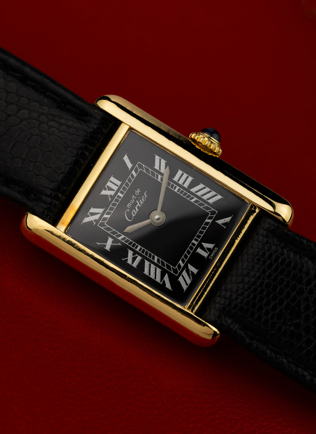 1980s Lady Cartier Must Tank Black Dial Manual Winding Serviced Box
