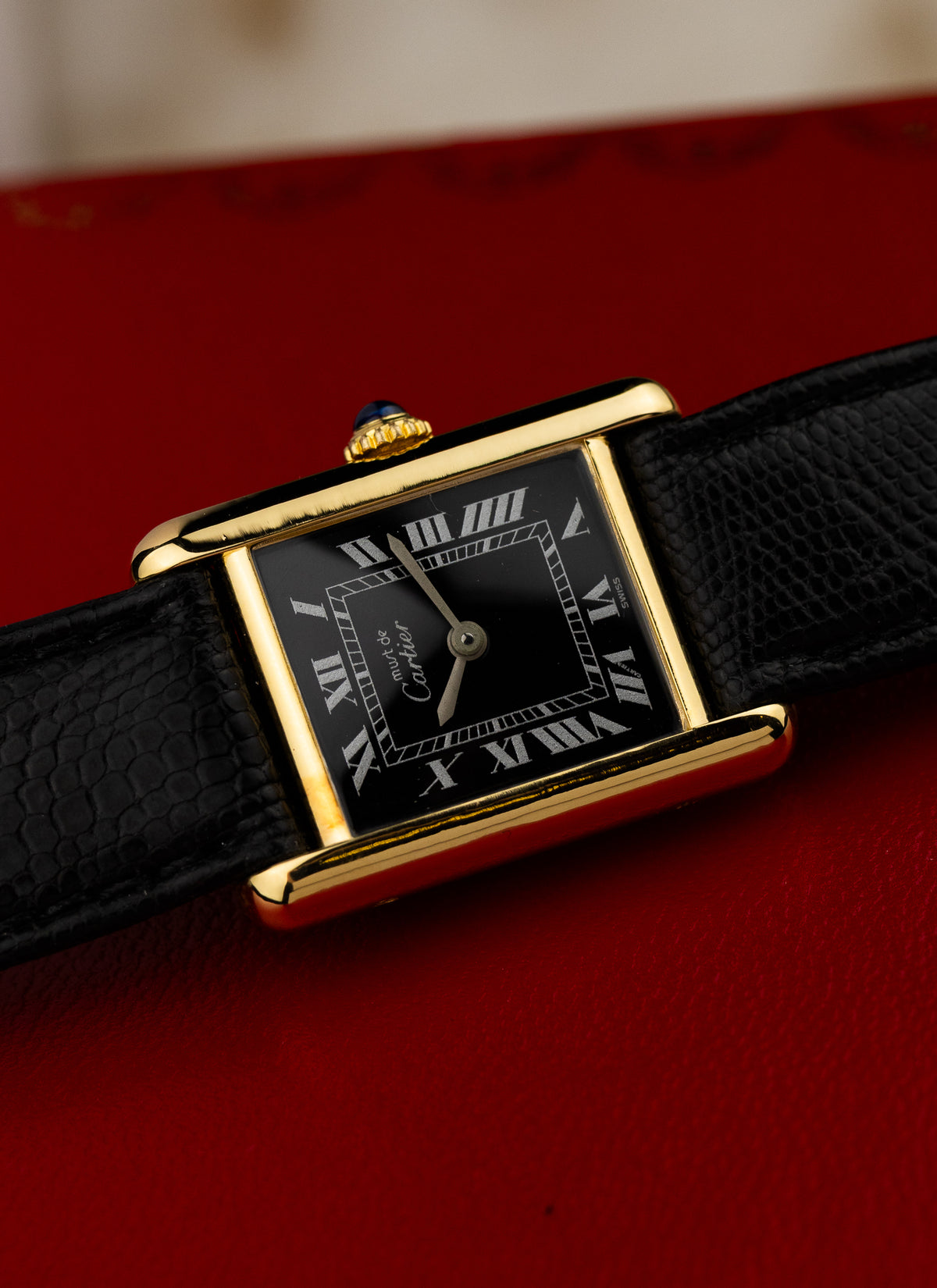 1980s Lady Cartier Must Tank Black Dial Manual Winding Serviced Box