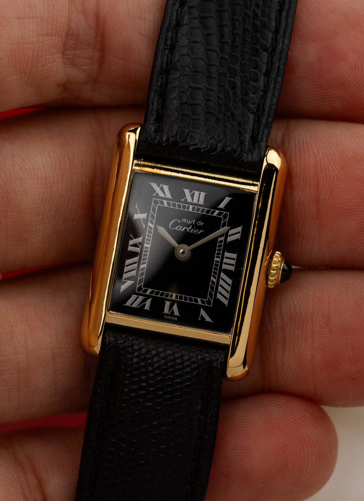 1980s Lady Cartier Must Tank Black Dial Manual Winding Serviced Box