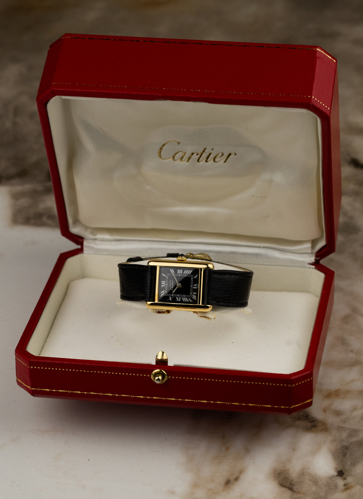 1980s Lady Cartier Must Tank Black Dial Manual Winding Serviced Box
