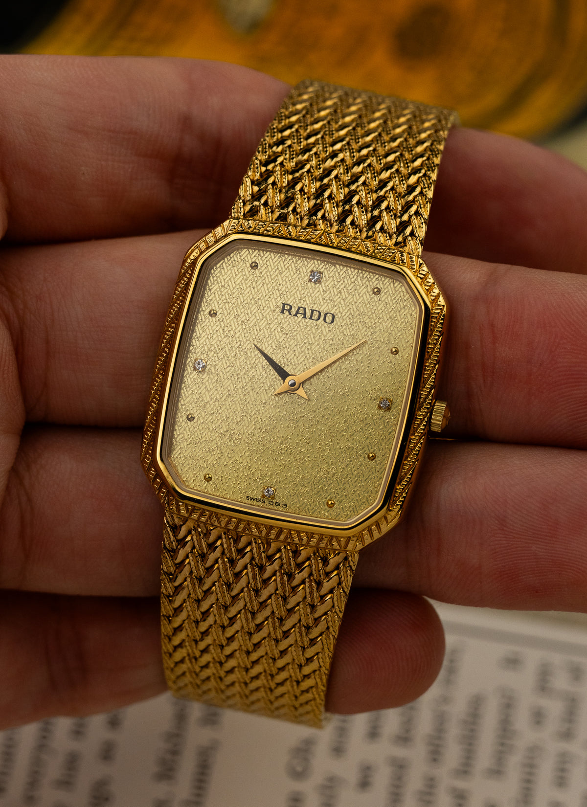 1980s Rado Vintage Gold Bracelet Diamonds 121.3588.2
