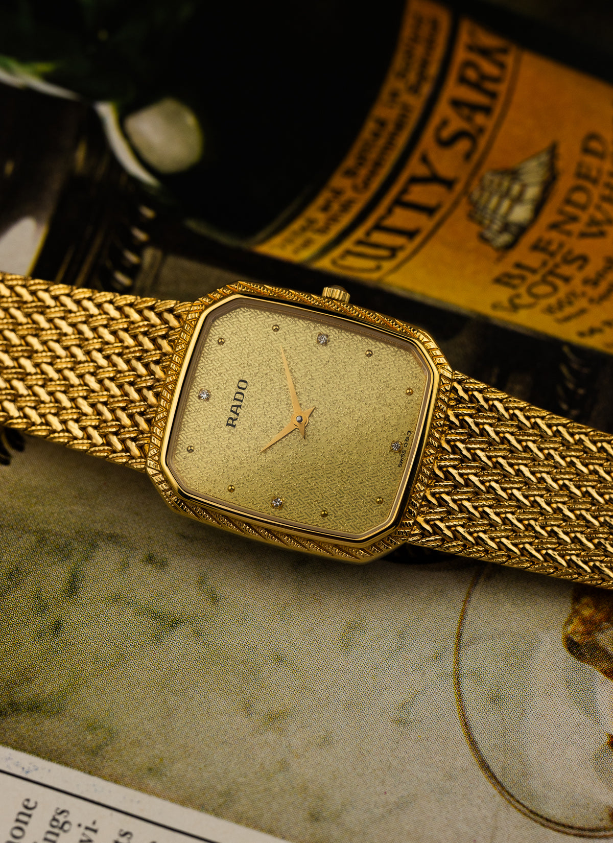 1980s Rado Vintage Gold Bracelet Diamonds 121.3588.2