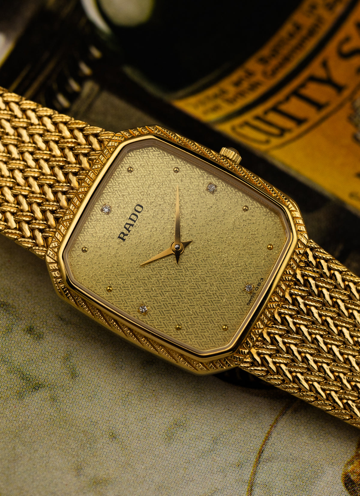 1980s Rado Vintage Gold Bracelet Diamonds 121.3588.2
