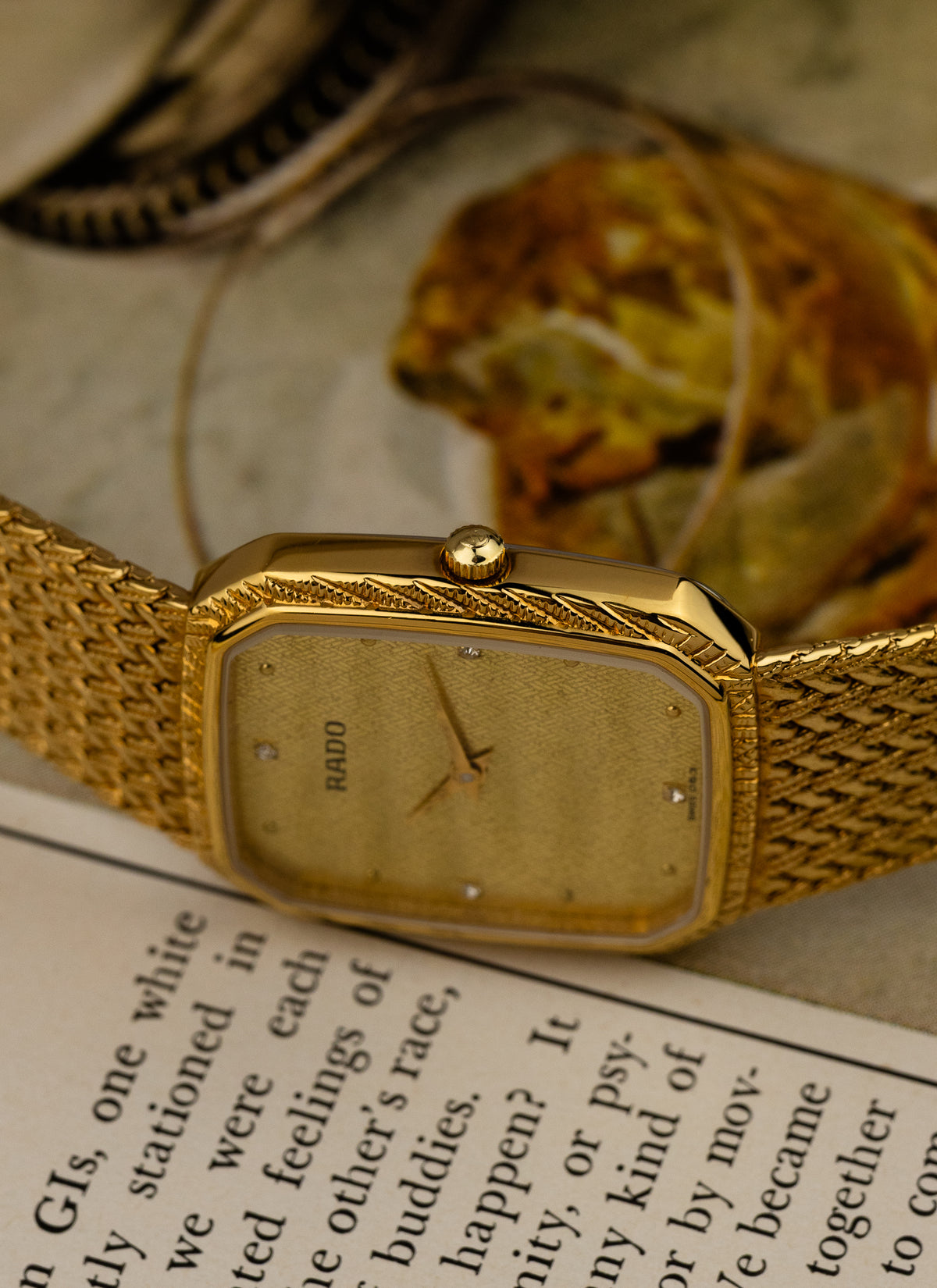 1980s Rado Vintage Gold Bracelet Diamonds 121.3588.2