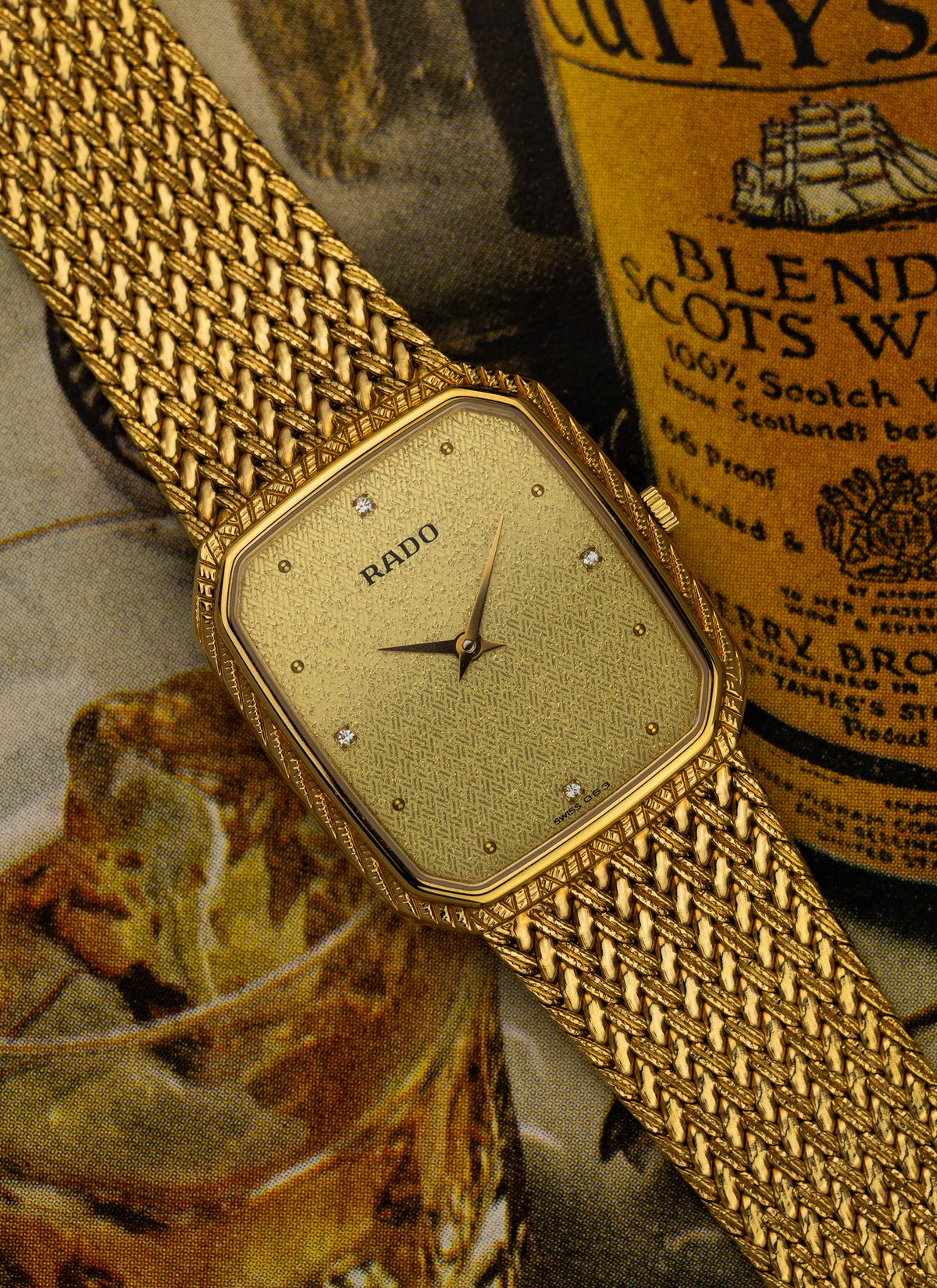 1980s Rado Vintage Gold Bracelet Diamonds 121.3588.2