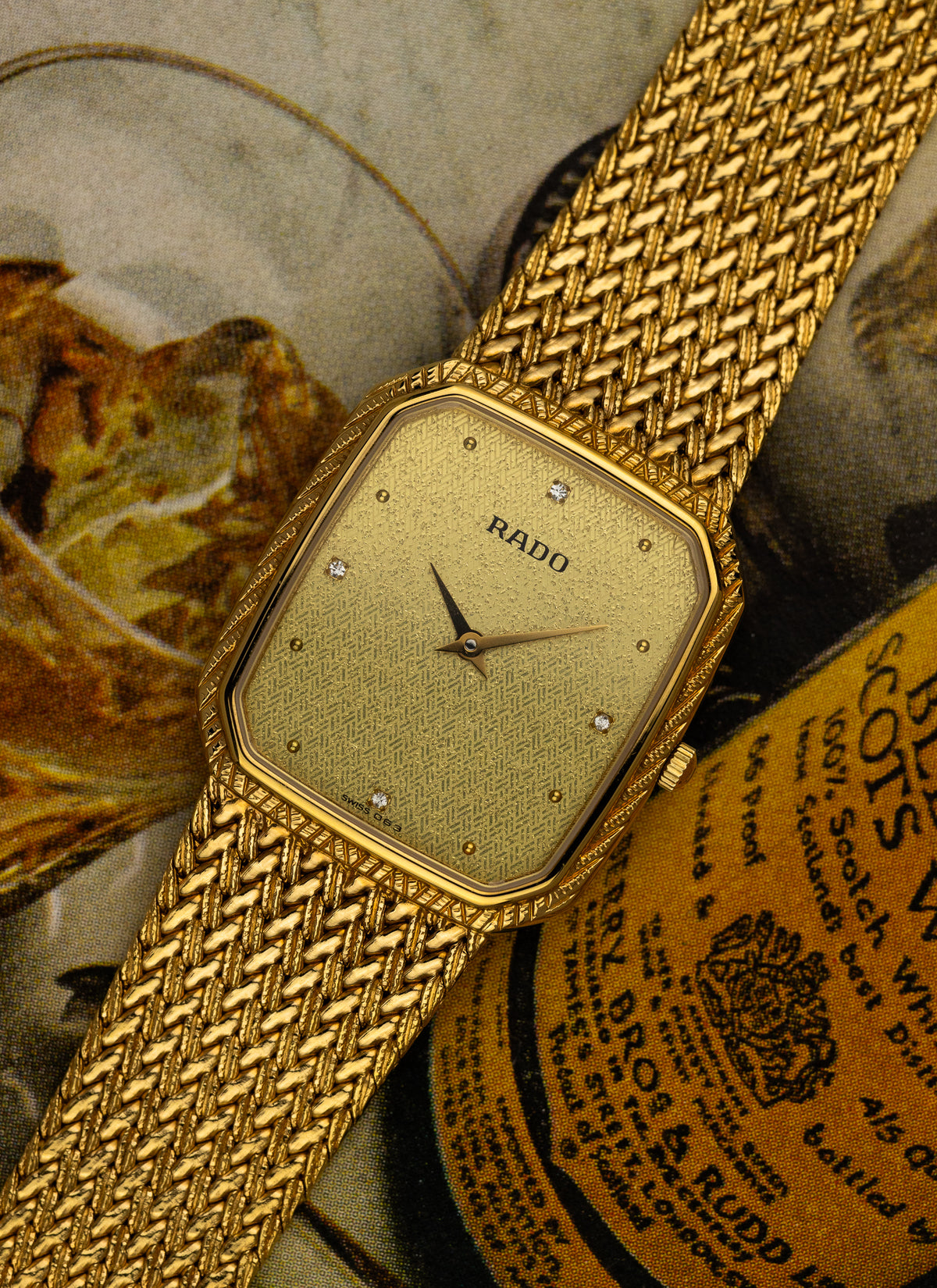 1980s Rado Vintage Gold Bracelet Diamonds 121.3588.2