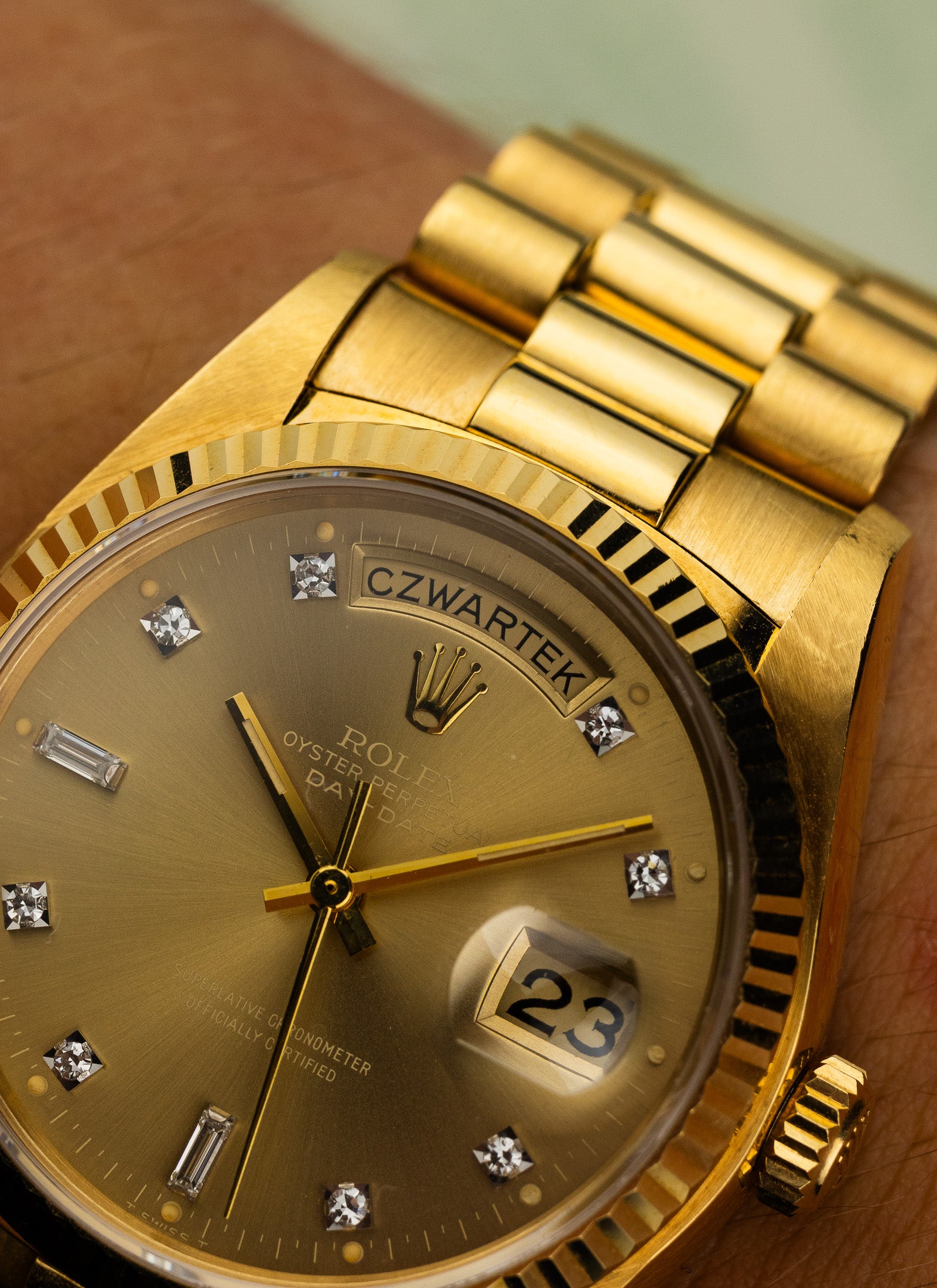 1979 18K Rolex Day-Date Havana Ghost Diamond Dial 18038 Box & Papers Serviced