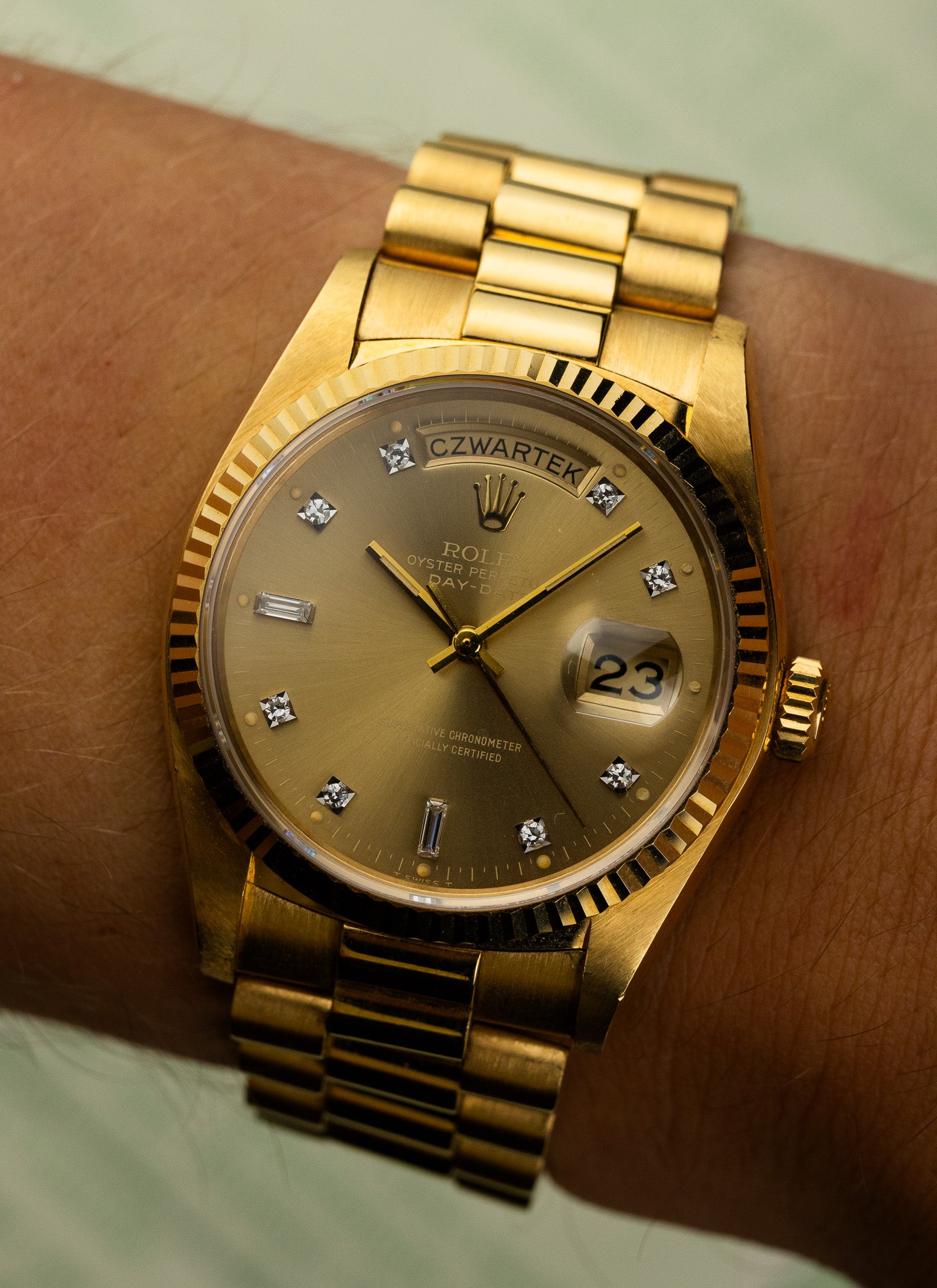 1979 18K Rolex Day-Date Havana Ghost Diamond Dial 18038 Box & Papers Serviced