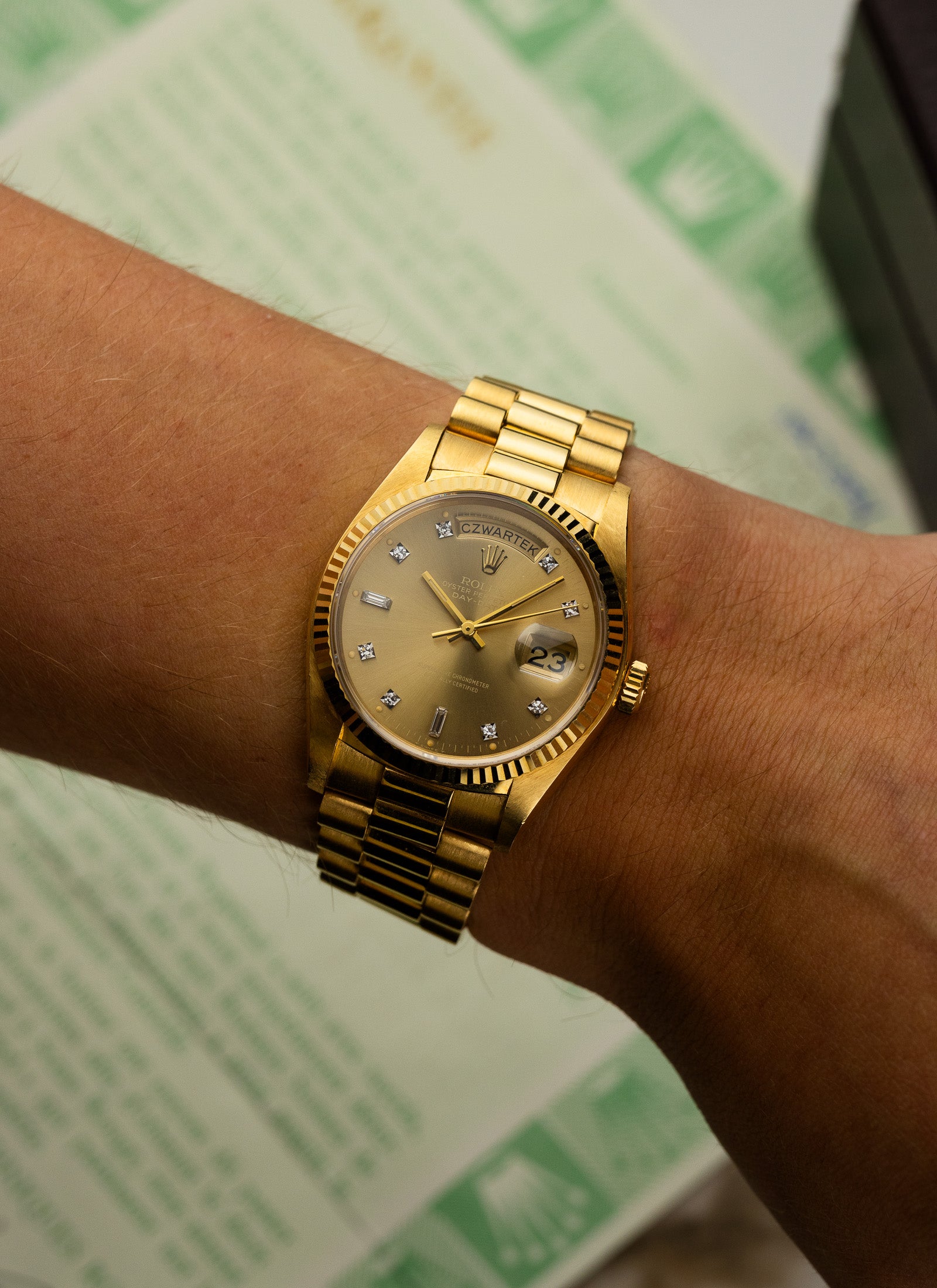 1979 18K Rolex Day-Date Havana Ghost Diamond Dial 18038 Box & Papers Serviced