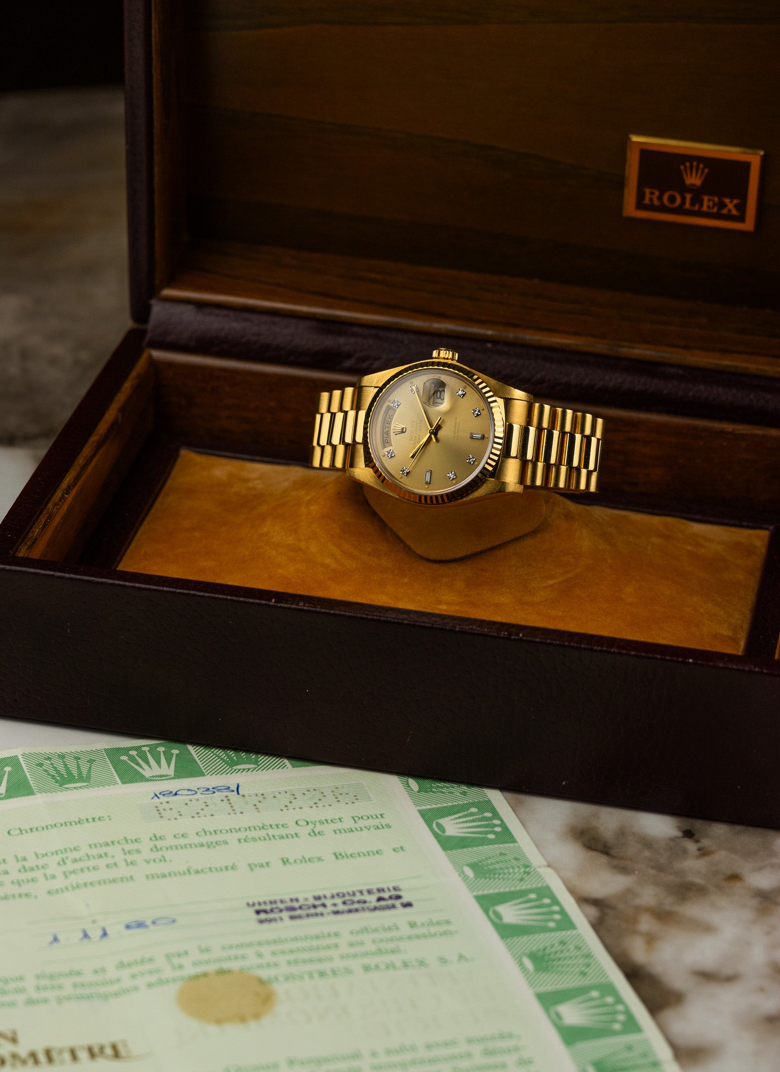 1979 18K Rolex Day-Date Havana Ghost Diamond Dial 18038 Box & Papers Serviced