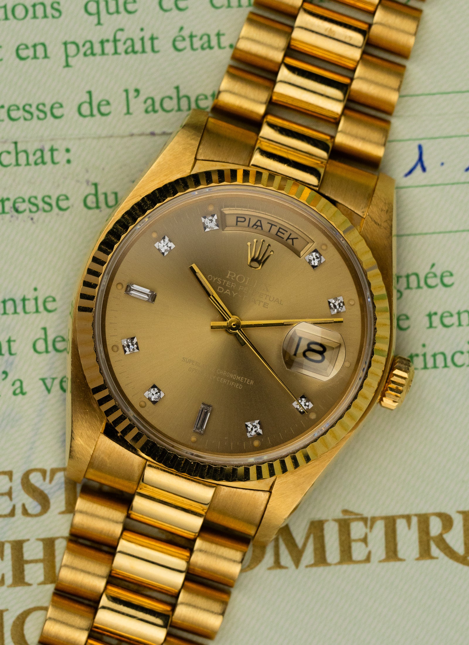 1979 18K Rolex Day-Date Havana Ghost Diamond Dial 18038 Box & Papers Serviced
