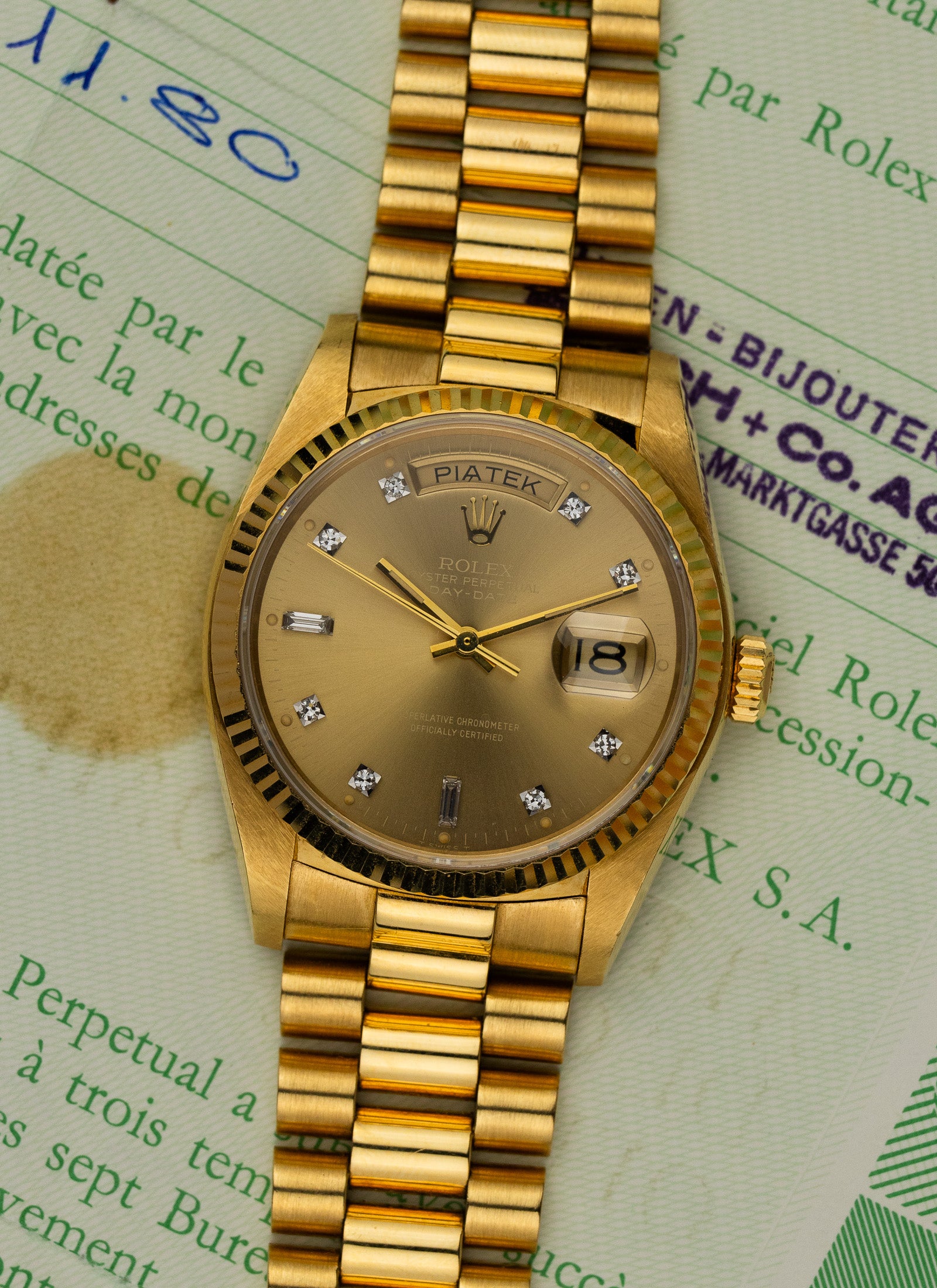 1979 18K Rolex Day-Date Havana Ghost Diamond Dial 18038 Box & Papers Serviced