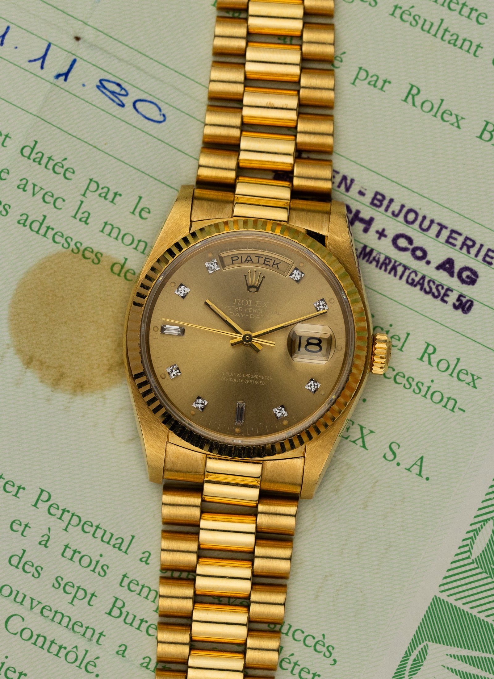 1979 18K Rolex Day-Date Havana Ghost Diamond Dial 18038 Box & Papers Serviced