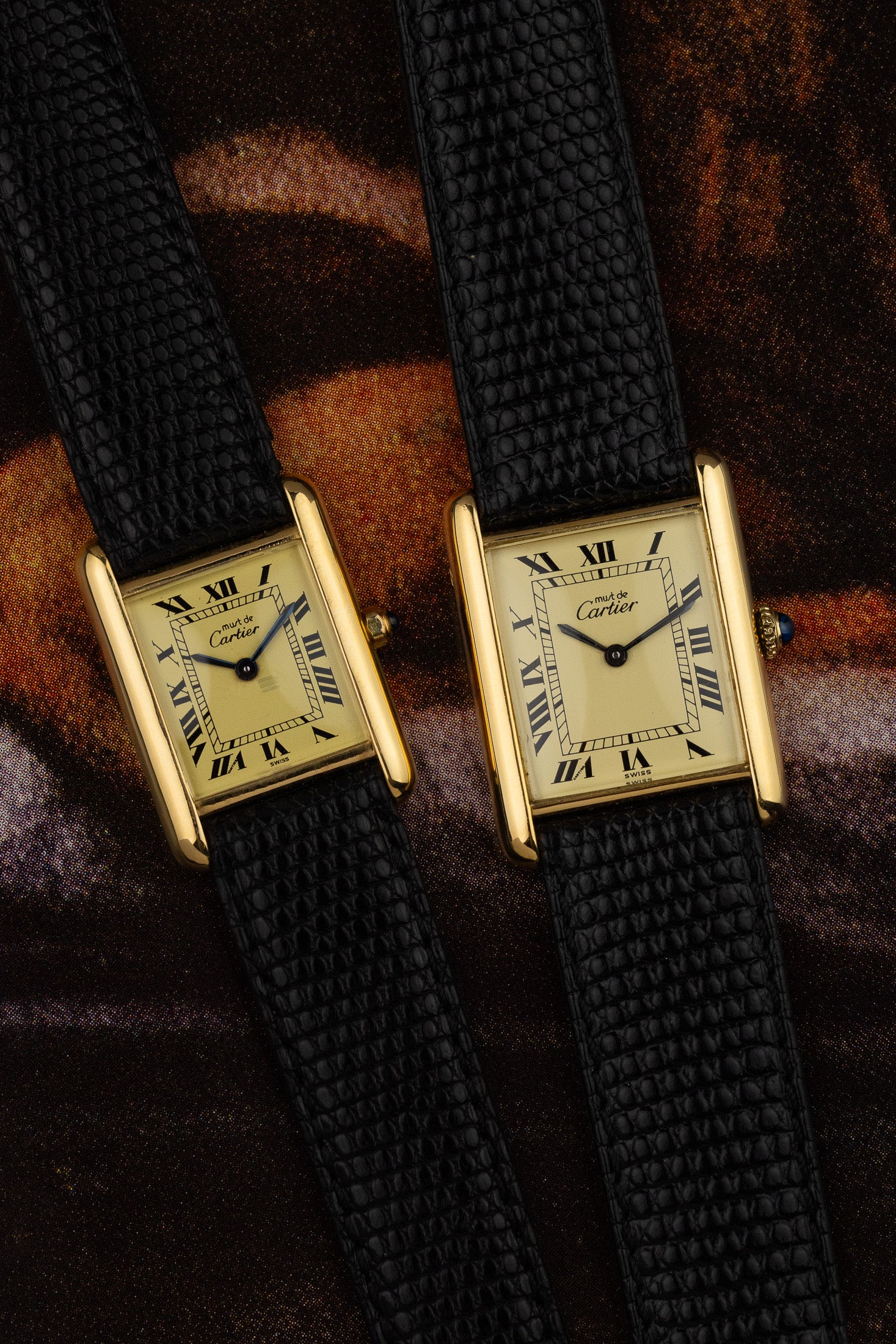 His & Hers Must de Cartier Tank Ivory Roman Dial Set