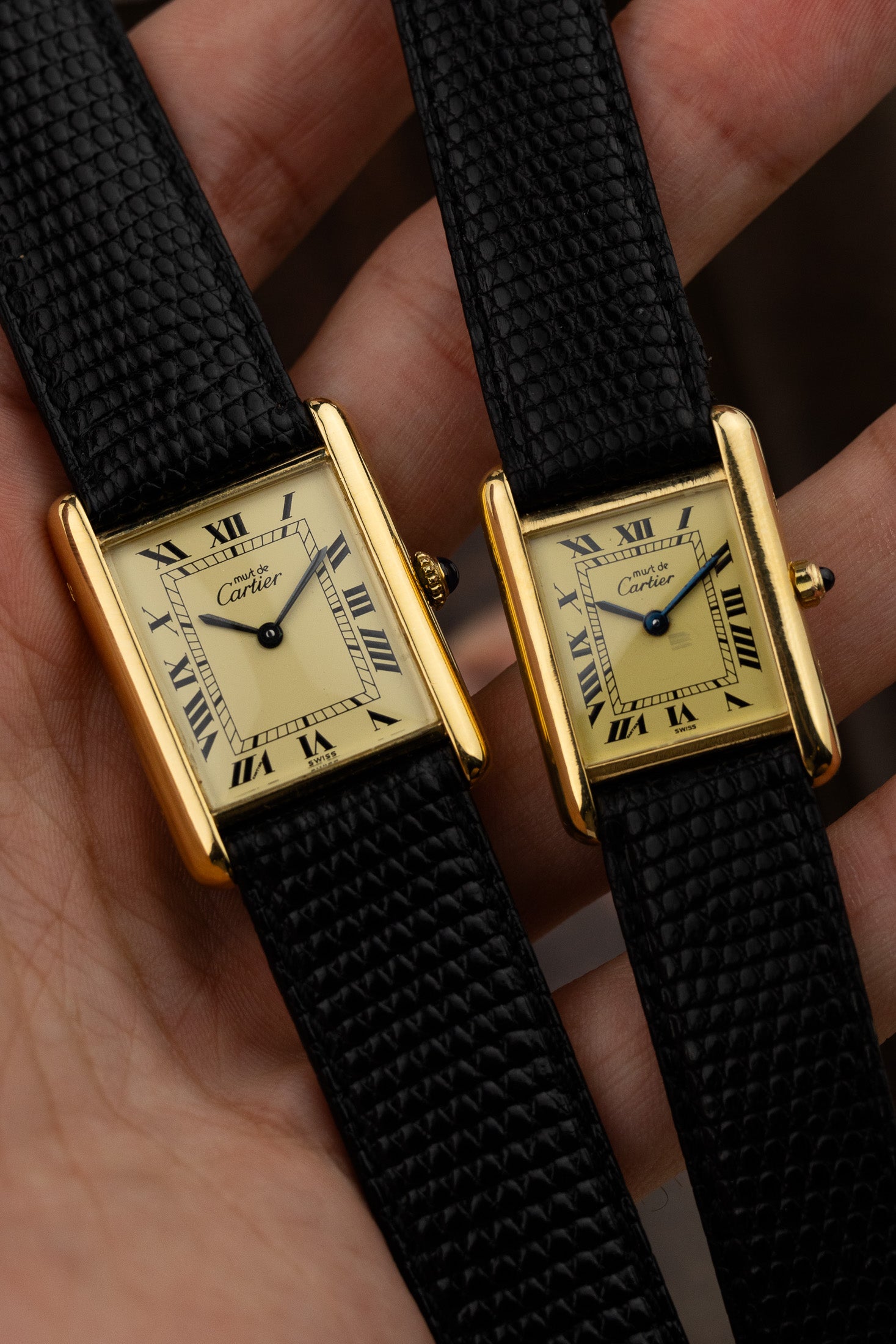 His & Hers Must de Cartier Tank Ivory Roman Dial Set