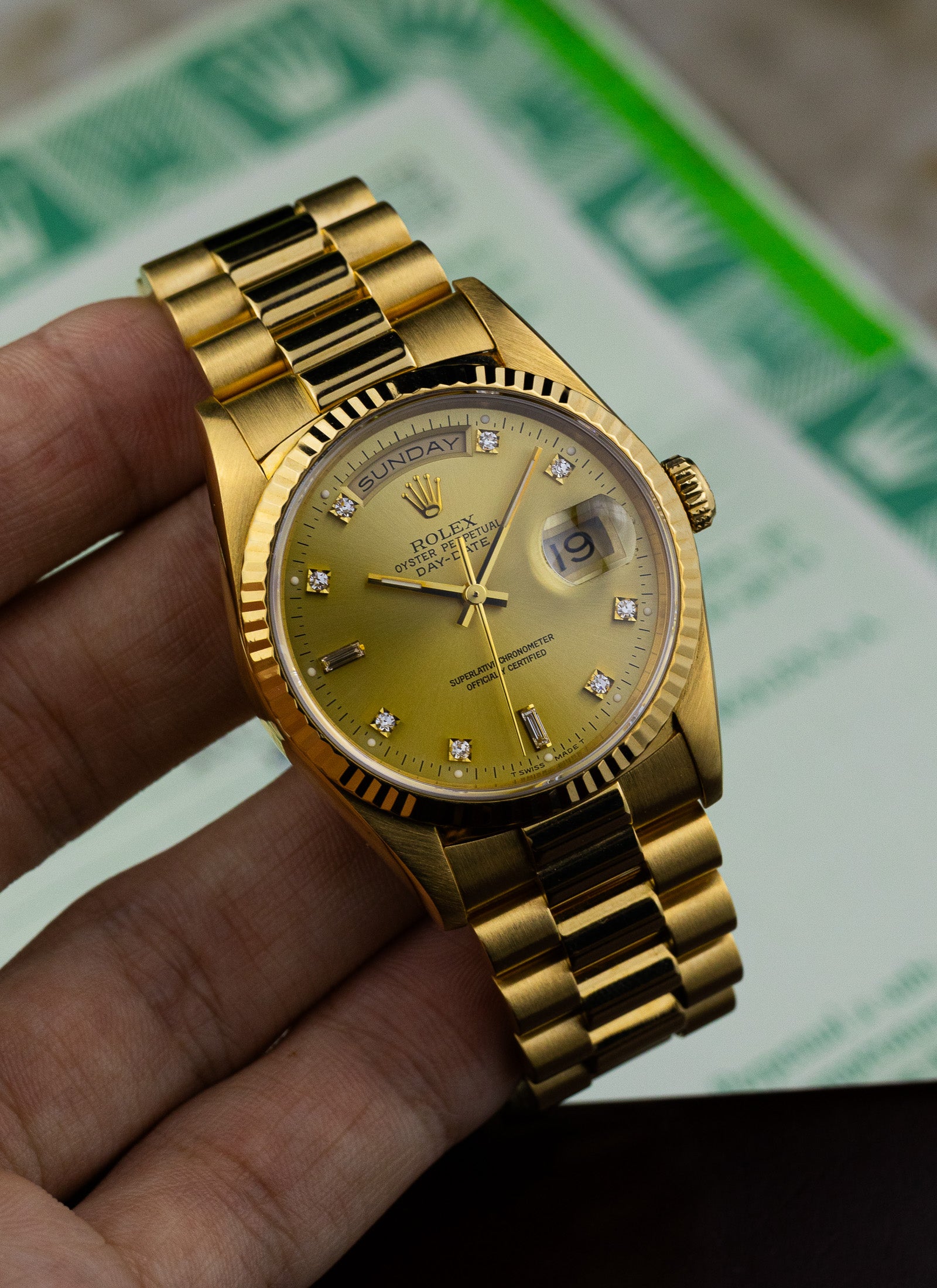 1994 Rolex Day-Date 18238 Factory Diamond Dial Full Set