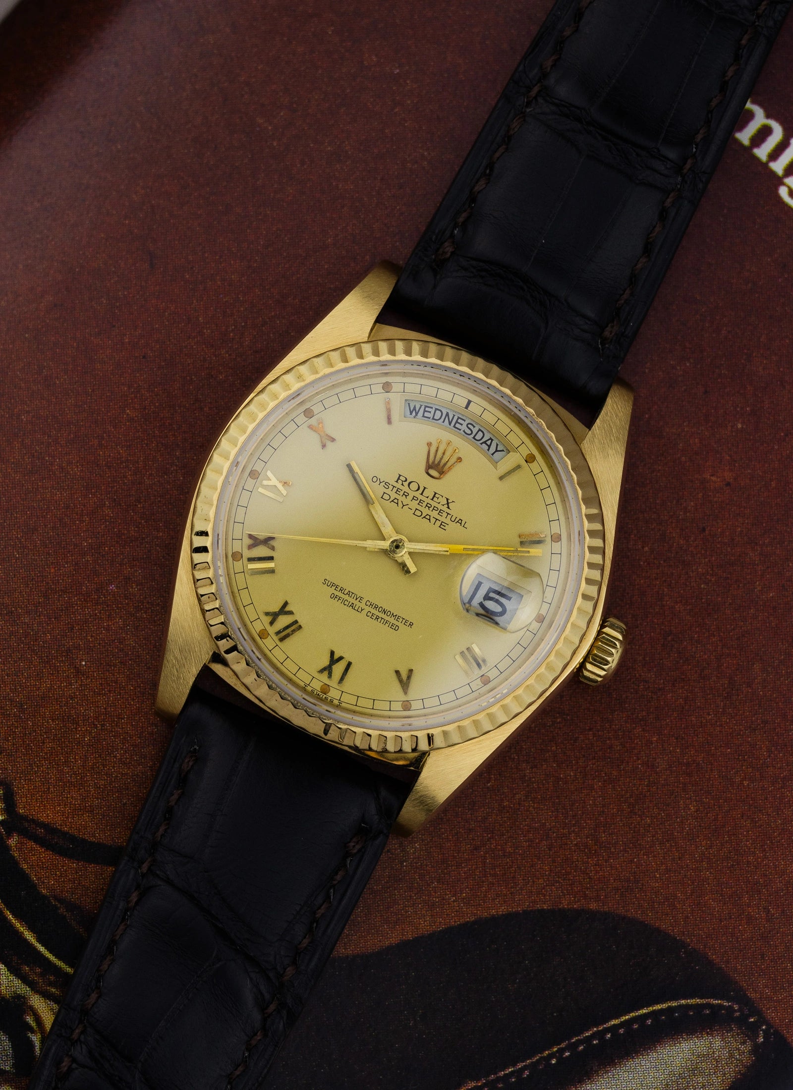 1983 18K Rolex Day-Date Lemoncello Roman Dial 18038 Box