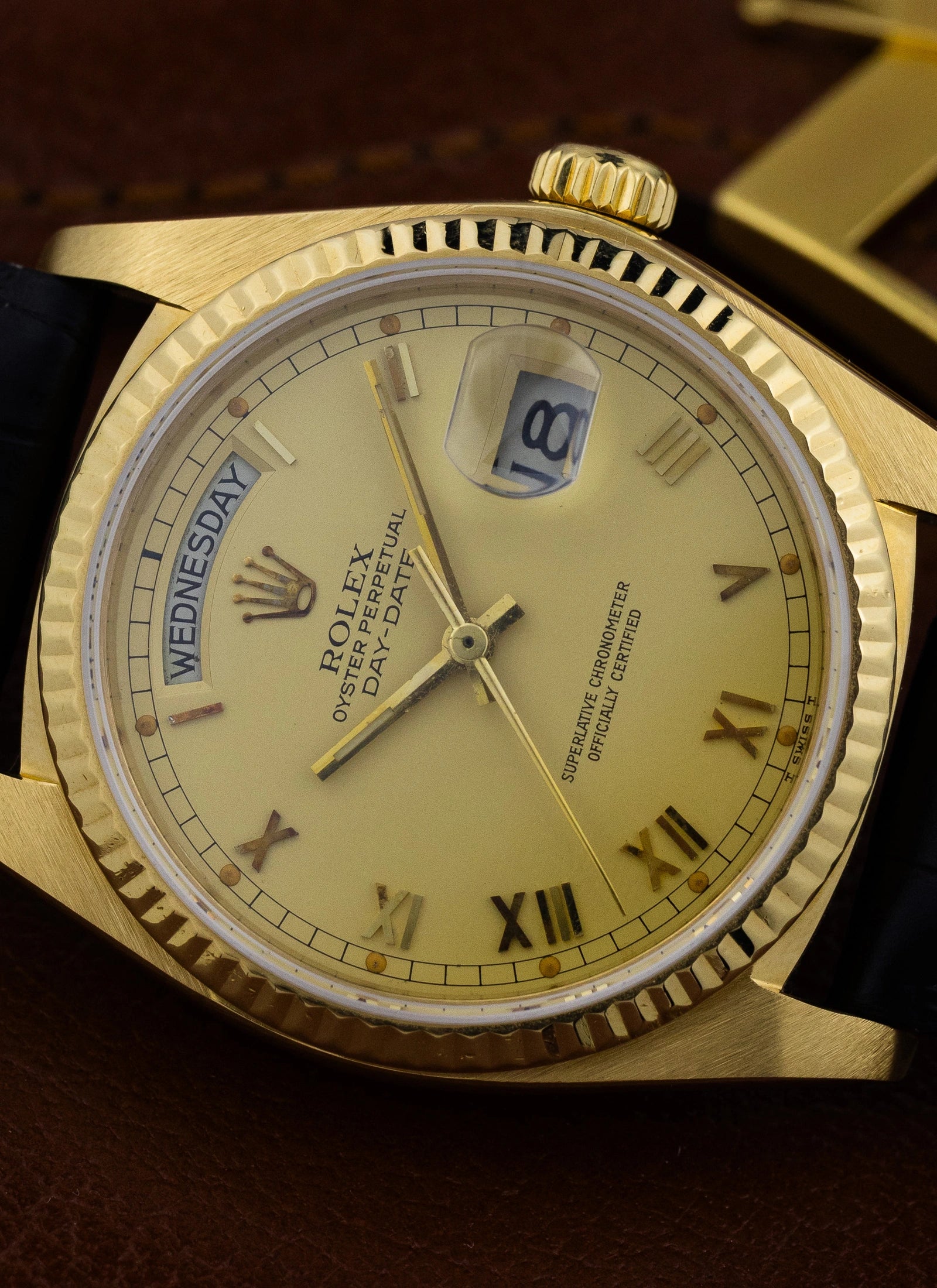 1983 18K Rolex Day-Date Lemoncello Roman Dial 18038 Box