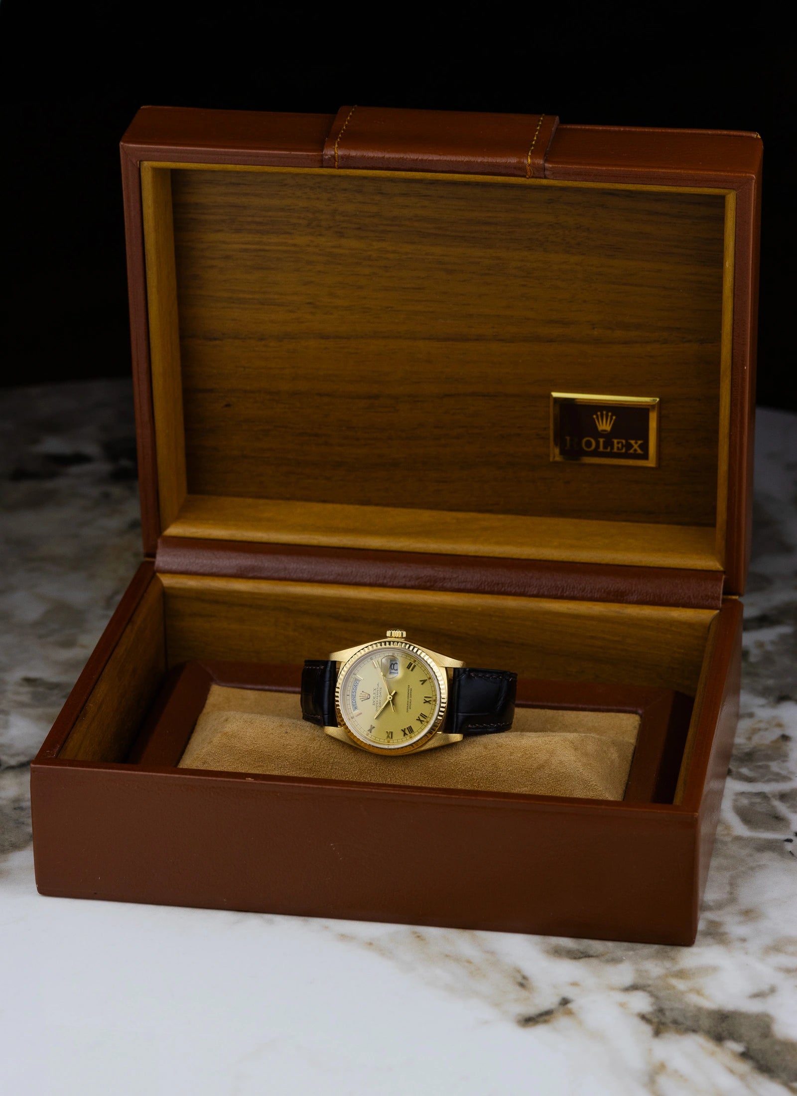 1983 18K Rolex Day-Date Lemoncello Roman Dial 18038 Box