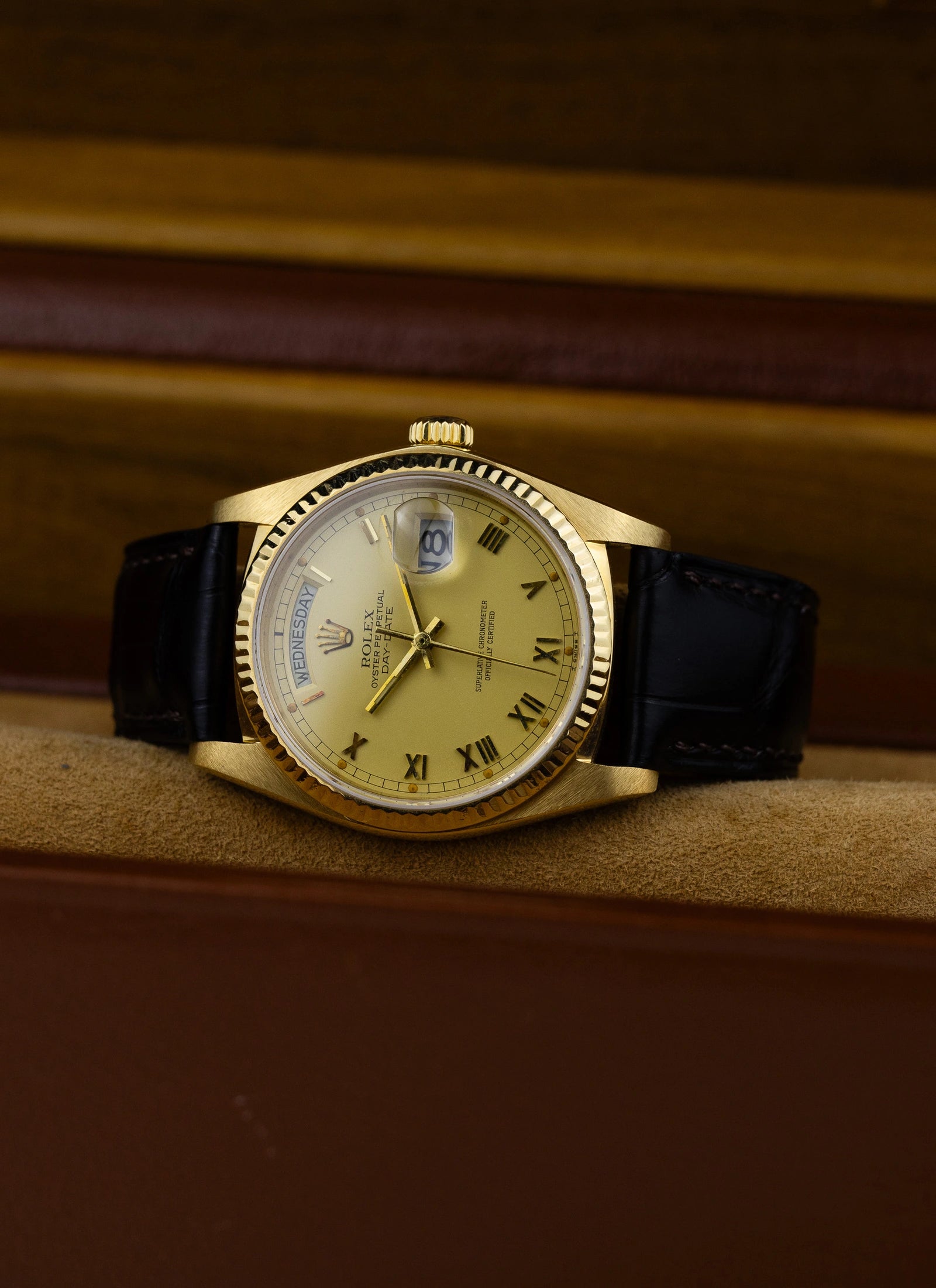 1983 18K Rolex Day-Date Lemoncello Roman Dial 18038 Box