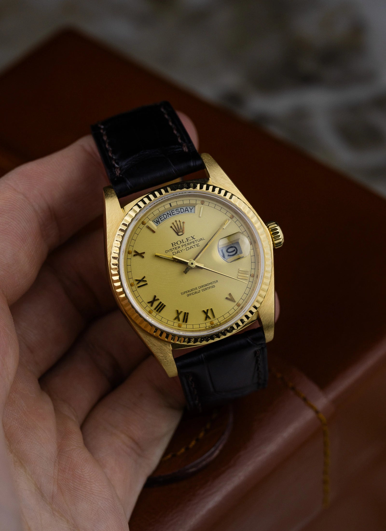 1983 18K Rolex Day-Date Lemoncello Roman Dial 18038 Box