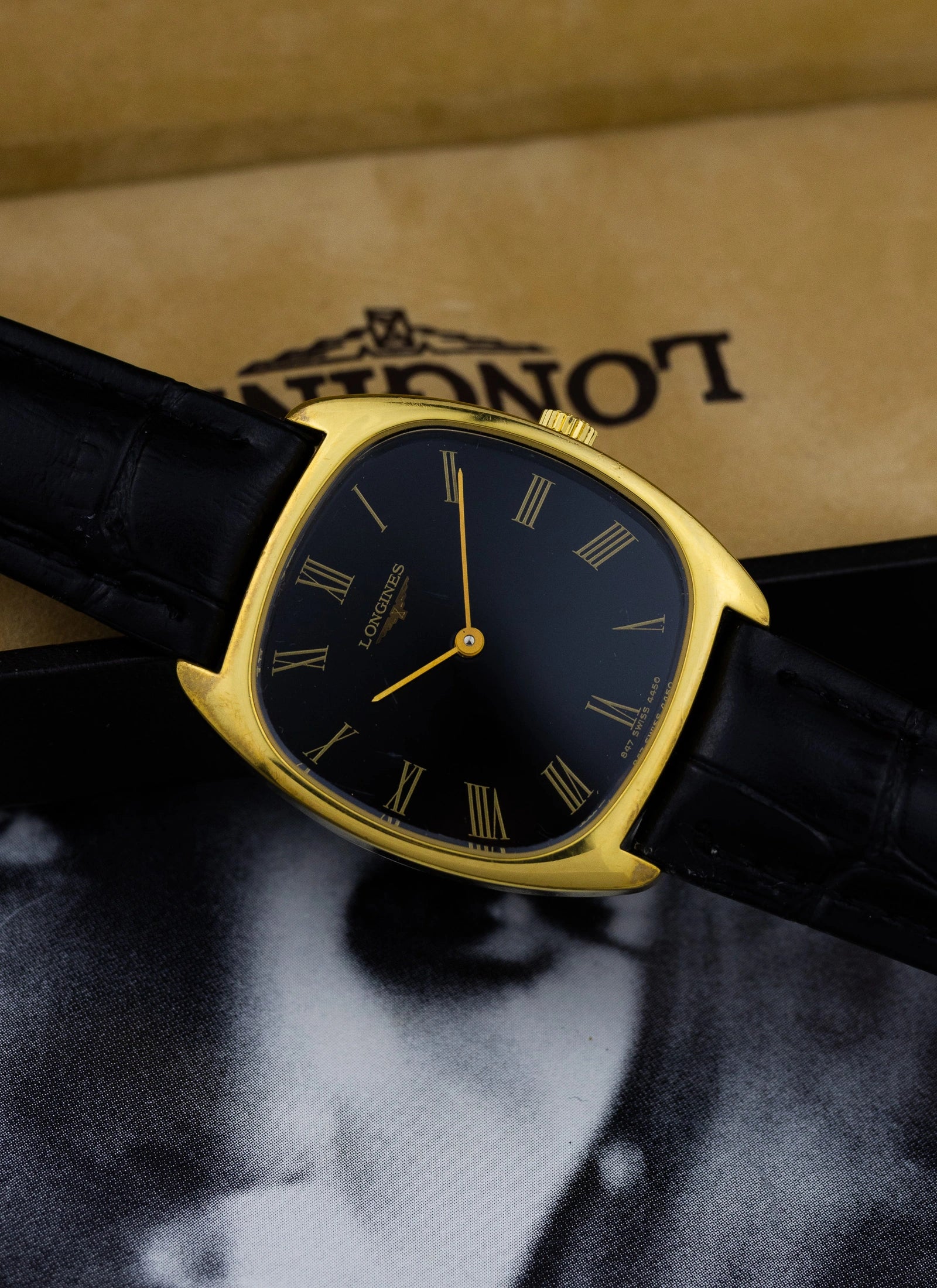 1970s Longines Square Black Roman Dial 4450 cal. L847.4 Serviced Box