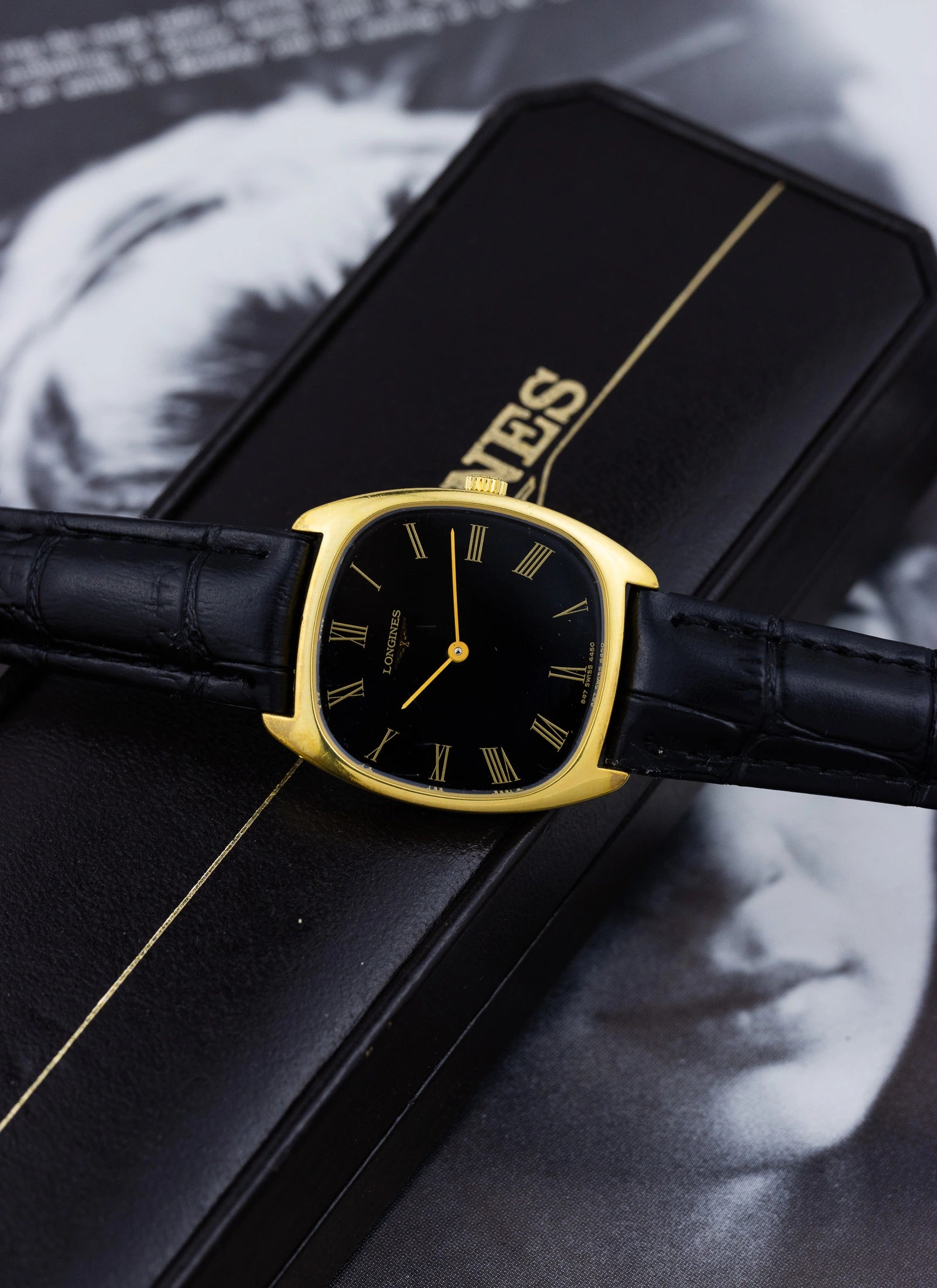 1970s Longines Square Black Roman Dial 4450 cal. L847.4 Serviced Box
