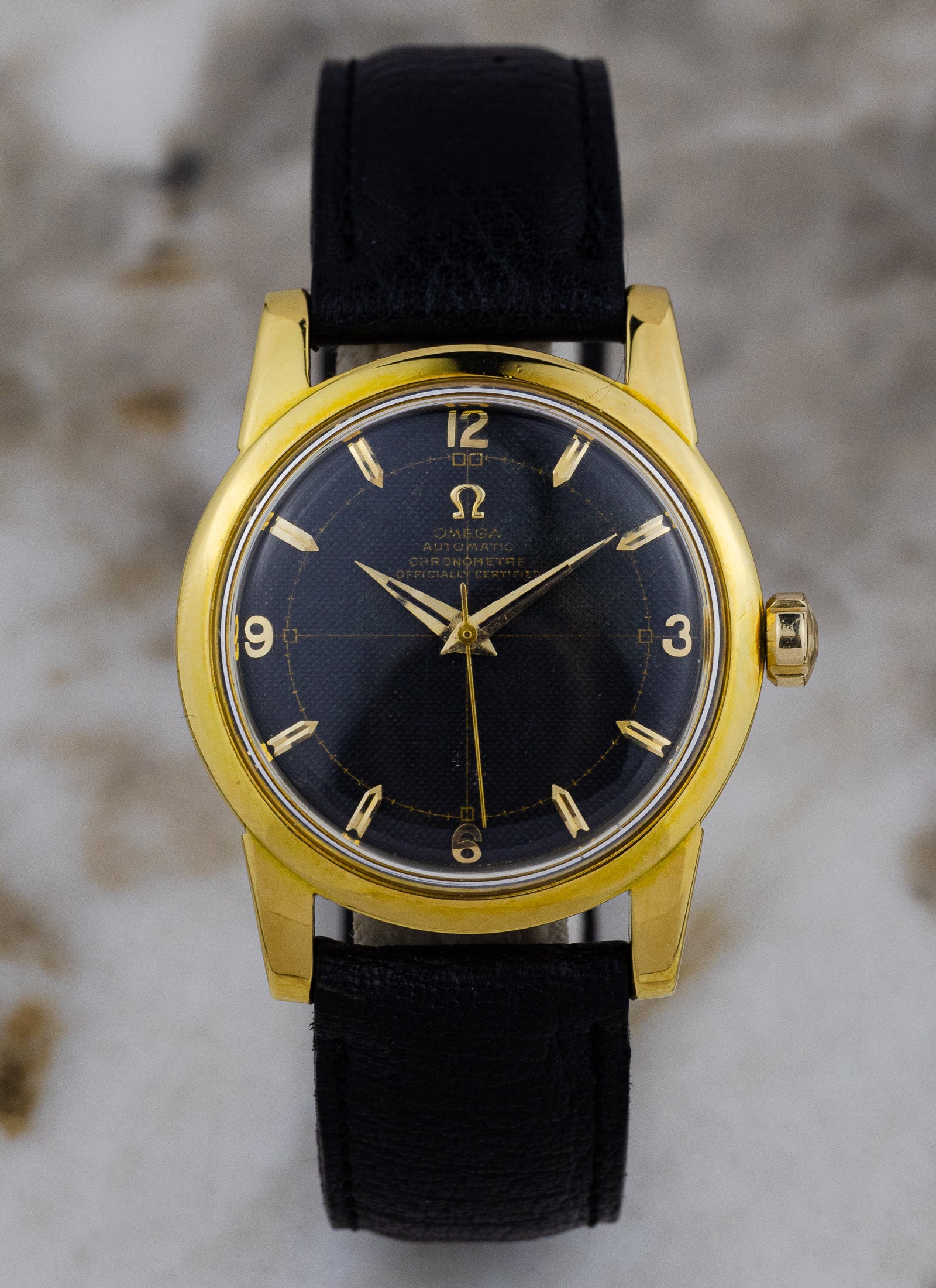 1954 18K Omega Seamaster Chronometre Black Honeycomb 2577-2520 Full Set