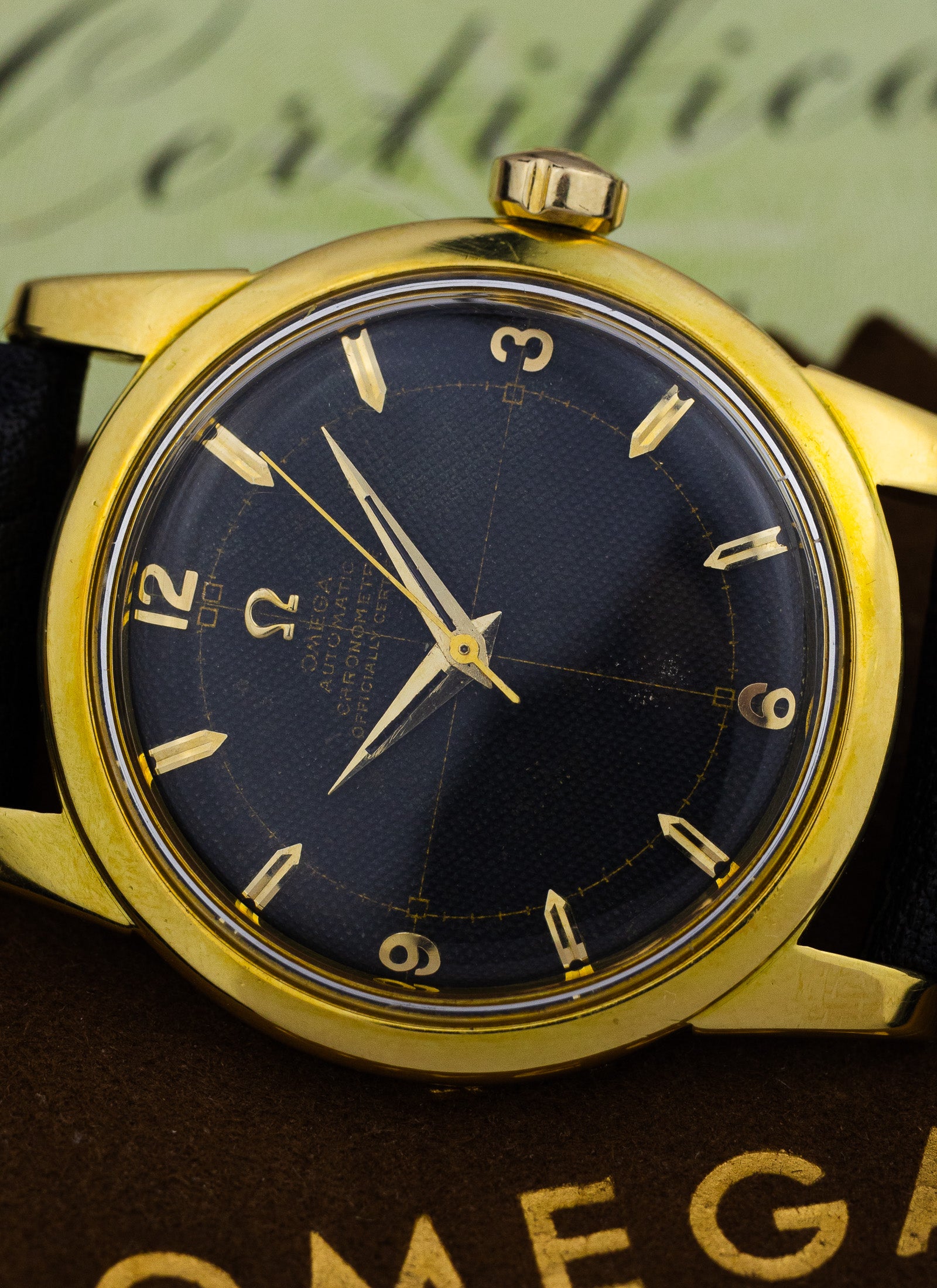 1954 18K Omega Seamaster Chronometre Black Honeycomb 2577-2520 Full Set