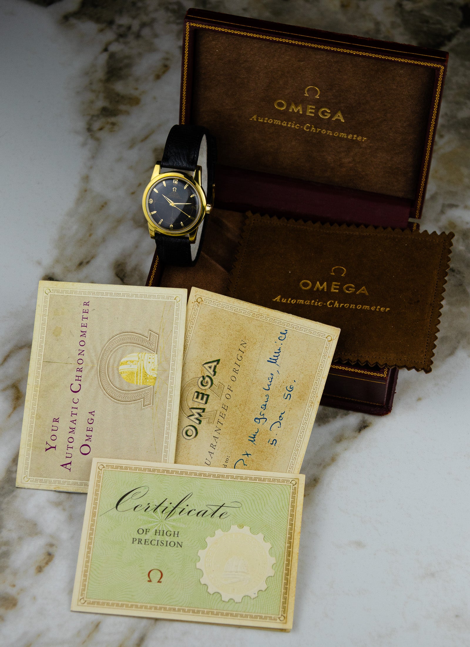 1954 18K Omega Seamaster Chronometre Black Honeycomb 2577-2520 Full Set