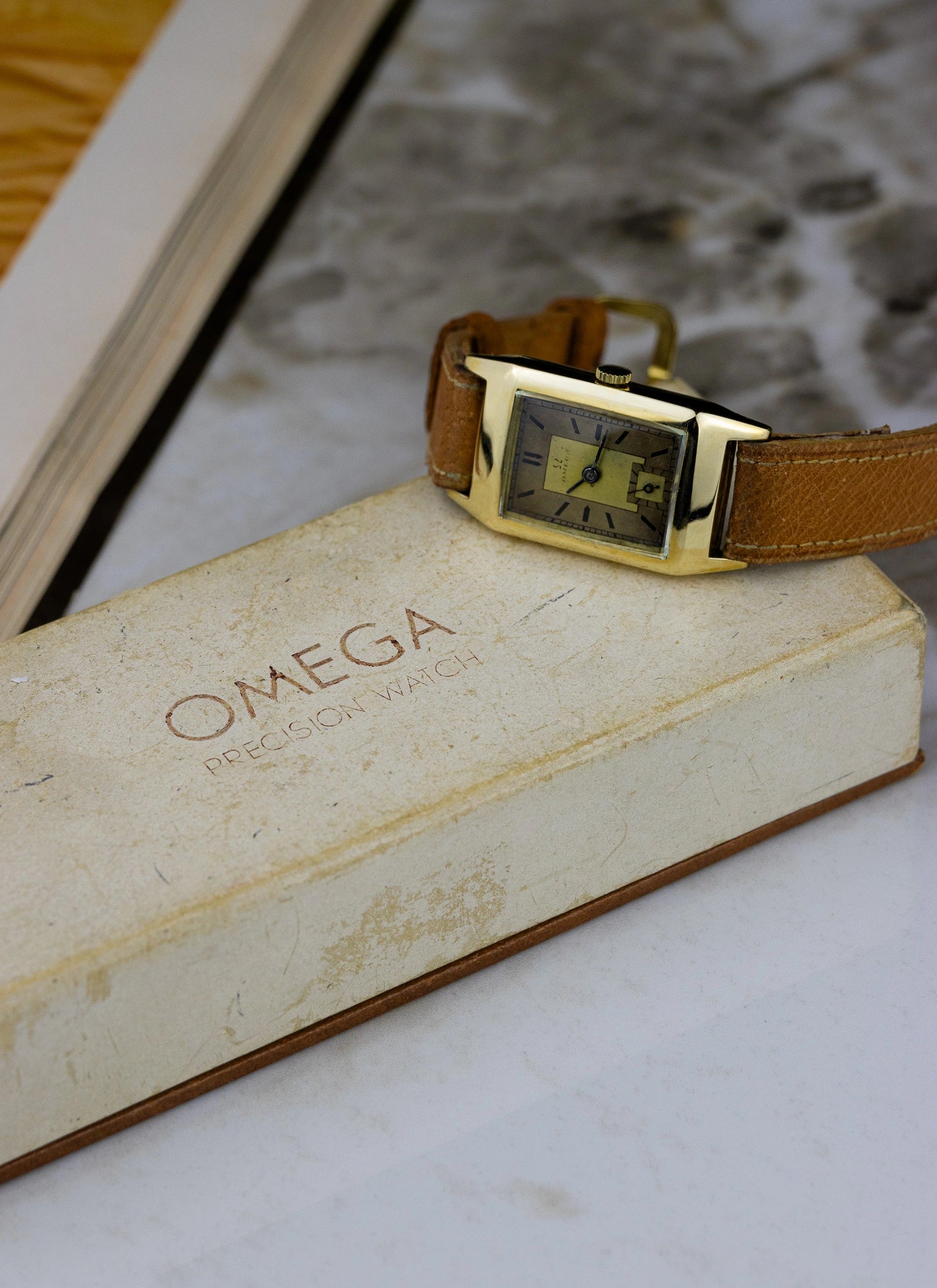 1940s 14K Omega Tank Art Deco Dial Box