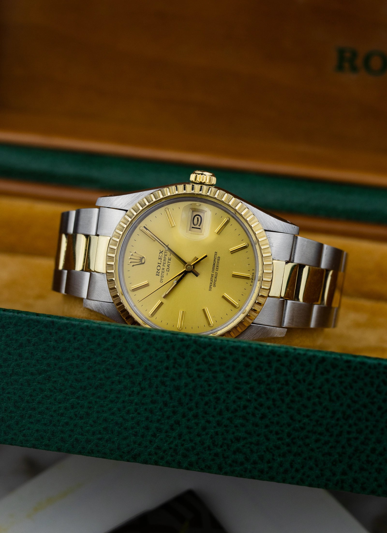 1982 Rolex Oyster Perpetual Date Champagne Dial Bicolor 15053 Box
