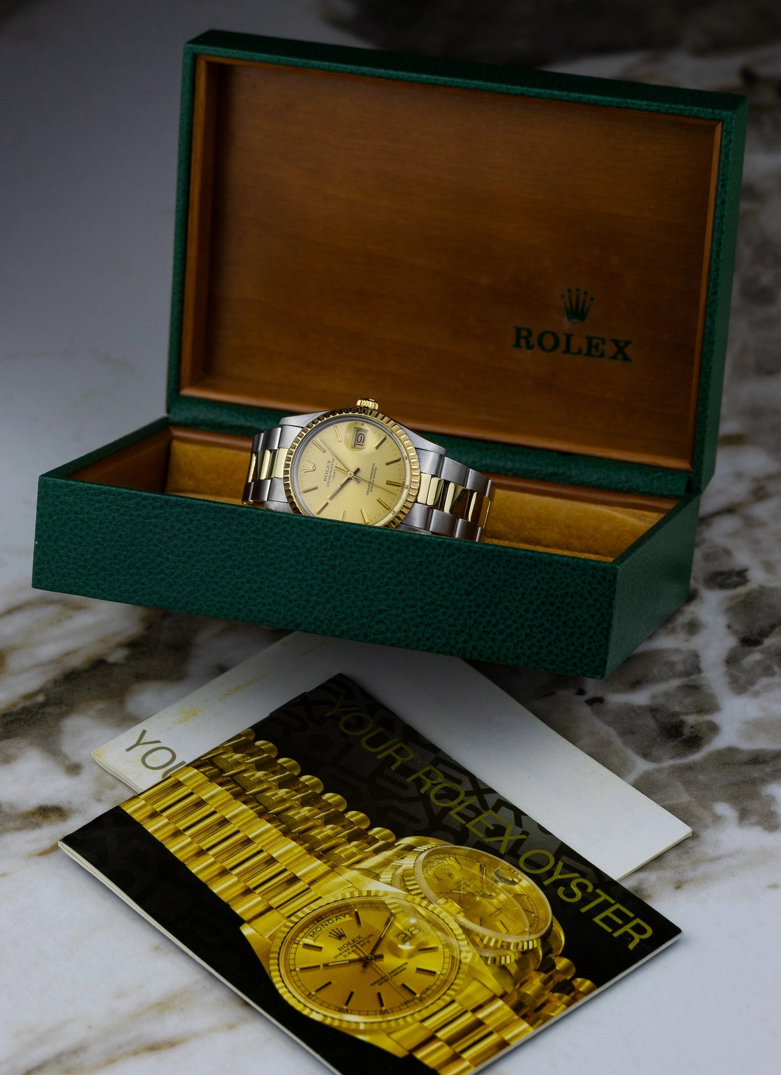 1982 Rolex Oyster Perpetual Date Champagne Dial Bicolor 15053 Box