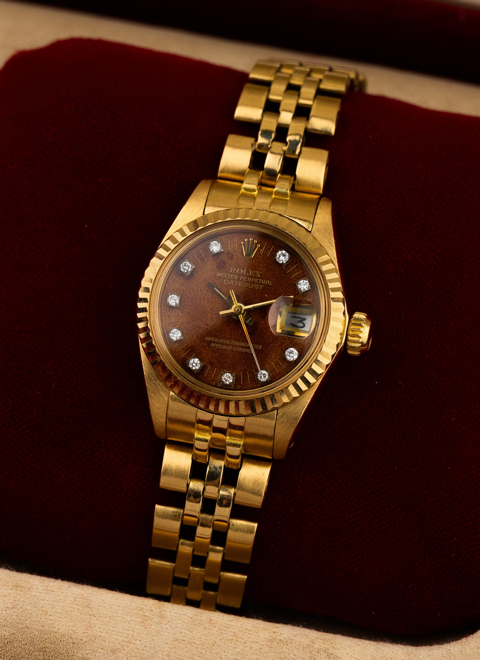 1979 18K Lady Rolex Datejust Wooden Diamonds Dial 6917 Serviced Box