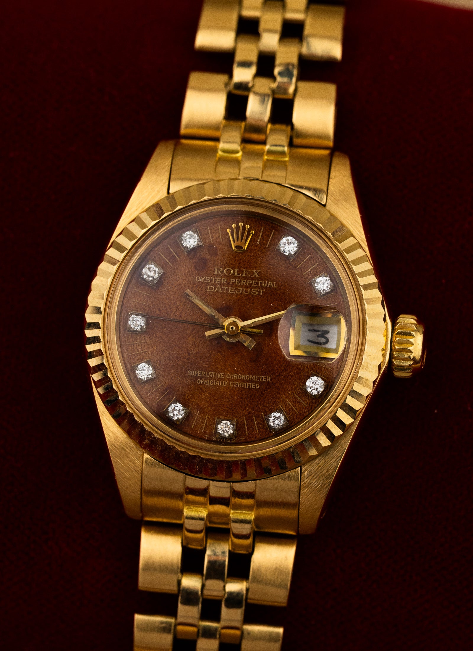 1979 18K Lady Rolex Datejust Wooden Diamonds Dial 6917 Serviced Box